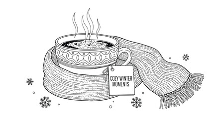 Hot drink and scarf illustration for cozy winter moments in black and white style