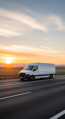 Obraz premium White delivery van driving on highway against a sunset sky. Logistics and cargo transportation concept for fast shipping.