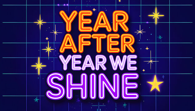 Year After Year We Shine neon typography deep indigo grid background kids printable new year card kids room wall decor digital download US parents