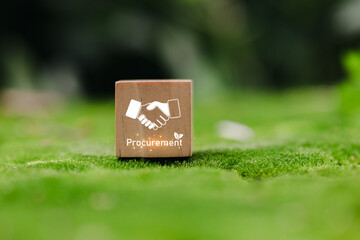 Wooden Block Symbolizing Procurement with Handshake Icon on Natural Green Background Representing Business Cooperation and Partnerships