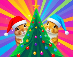 Cute Cartoon Rabbits in Santa Hats Peeking from Decorated Christmas Tree