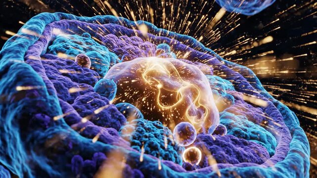 Rendered biological cell with nucleus.