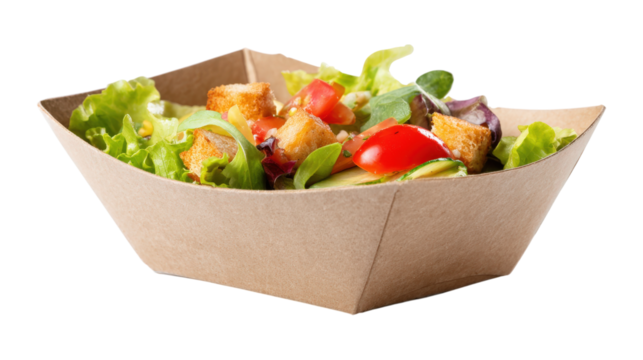 Concept of lunch, paper bowl with food isolated on a white background