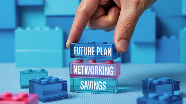 Hand placing future plan block on networking and savings blocks in blue background scene with legos
