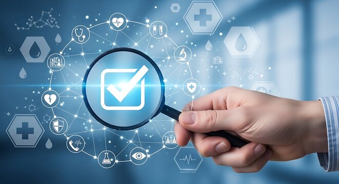 Hand holding magnifying glass over check mark surrounded by medical icons on blue background - Powered by Adobe