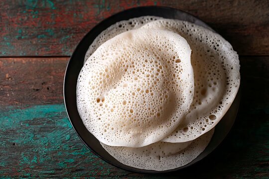 Authentic South Indian Appam on Rustic Plate Showcasing Fermented Rice Pancakes with Lacy Texture and Coconut Flavor
