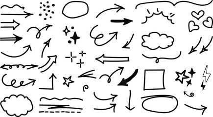 Collection of hand drawn doodle elements including arrows, clouds, stars, and shapes
