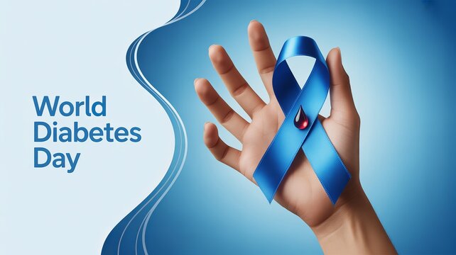 World Diabetes Day message beside symbolic blue awareness ribbon.