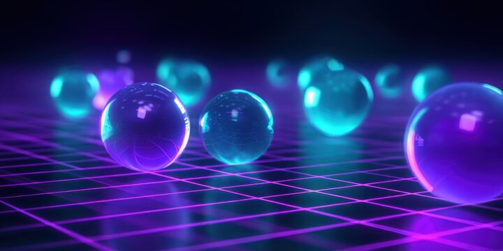 Colorful spheres reflect light on a grid surface at night