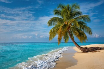 Obraz premium A lone palm tree leans over a pristine sandy beach with turquoise waters and a blue sky