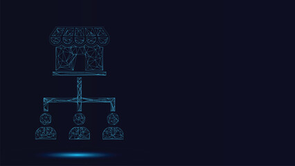 Digital Franchise Business Model Low Poly Wireframe Connecting Store Icon With Distributed Sales Agents Representing Network Marketing Organization Structure Over Dark Blue Background