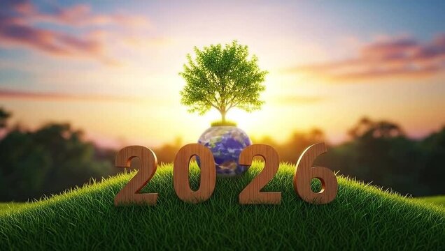 Anticipating a bright future in 2026 with a growing tree on the earth, symbolizing environmental awareness and sustainable development goals for the new year
