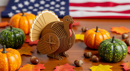 A brown cardboard turkey stands amid pumpkins, acorns, and colorful leaves, with an American flag in the back, representing autumn season, harvest, Thanksgiving