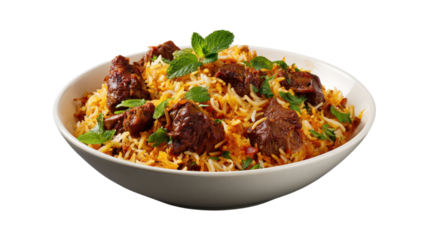 Delicious goat biryani isolated on a white background