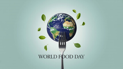 World food day graphic with earth globe on a fork surrounded by scattered green leaves on light blue