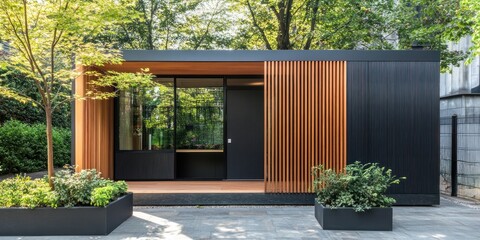 Modern garden office pod with sleek design and natural elements.