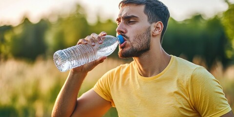 Man in Yellow Shirt Drinking Water Outdoors on Sunny Day.