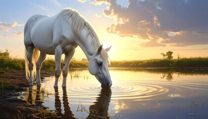 White horse drinks from a serene lake at sunset with golden sky.