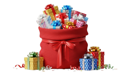 Festive holiday presents in a red christmas santa sack on transparent background