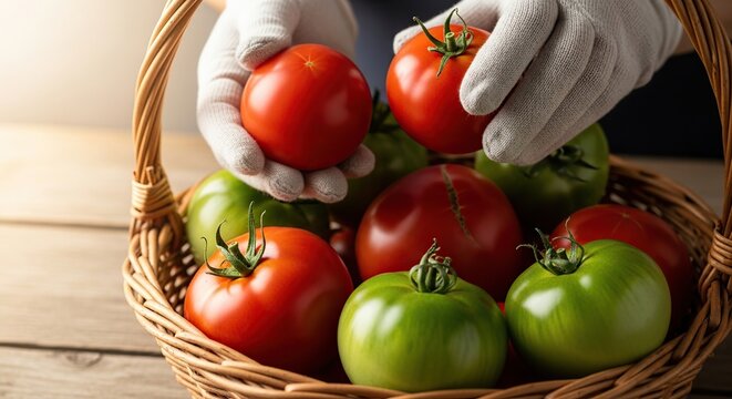 Hands wearing white gloves carefully placing ripe red and green tomatoes into a woven basket on a rustic wooden surface - Powered by Adobe