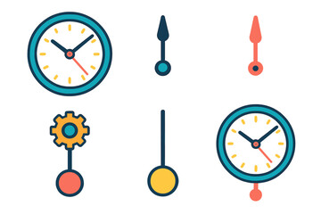Modern Clock Icons. Ticking Clock flat icons: Wall Clock, Hour Hand, Minute Hand, Second Hand, Gear, Pendulum.
