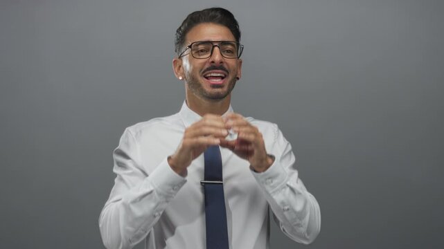 Man shouts with cupped hands in gray studio wearing glasses white shirt and navy tie and stud earrings; urgency.