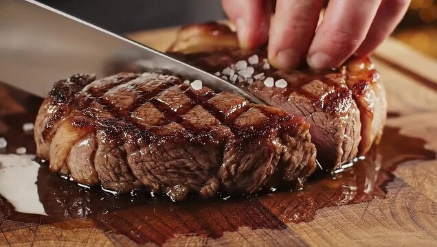 close up of a juicy steak being sliced on a wooden board