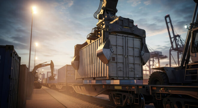 Container being loaded onto a freight train by a gantry crane at a busy industrial port during sunset, symbolizing efficient global logistics and cargo transportation.