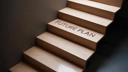 A staircase with the words future plan engraved on the second step in a dark setting indoors