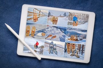 snowshoes and snowshoeing picture collage on a digital tablet featuring the same senior male model, winter recreation and adventure theme