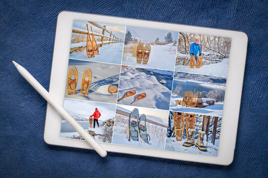 snowshoes and snowshoeing picture collage on a digital tablet featuring the same senior male model, winter recreation and adventure theme