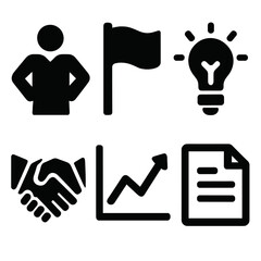 Bold Leadership Icons. Leadership confidence silhouette icon set: leader figure, flag, light bulb, chart line, handshake, document.