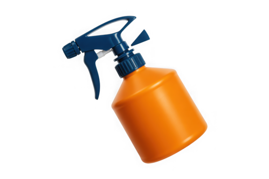 Orange and blue plastic spray bottle for cleaning and liquid storage. isolated on transparent background - Powered by Adobe