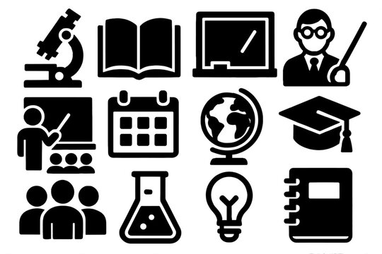 Brutalist Education Icons. Educational Microscope silhouette icon set: microscope, open book, chalkboard, teacher icon, classroom, calendar, globe, graduation cap, student group,