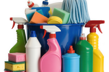 Essential household cleaning products and tools for hygiene isolated on transparent background