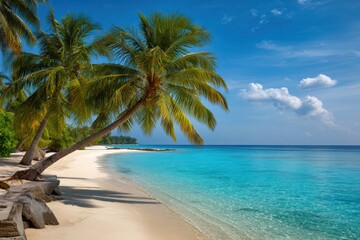 Fototapeta premium Lush green palm trees lean over a pristine white sand beach beside crystal clear turquoise ocean waters