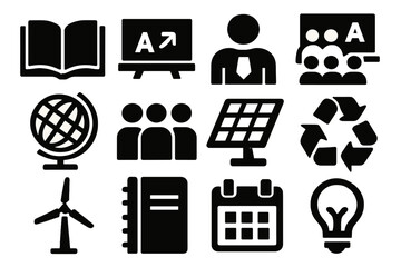Eco Education Icons. Educational Energy Conservation silhouette icon set: open book, chalkboard, teacher icon, classroom, globe, student group, solar panel, recycling symbol, wind