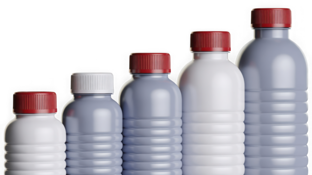 Assorted plastic bottles in increasing sizes with diverse caps. isolated on transparent background