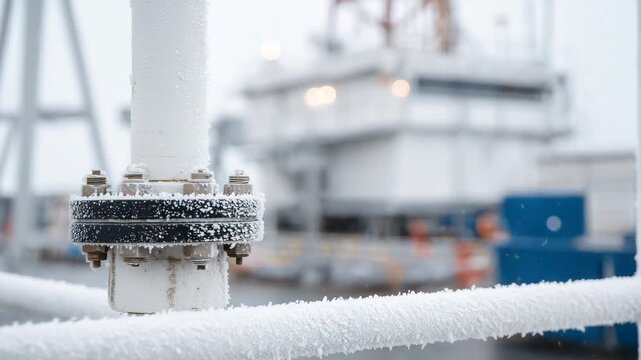 301Frost-covered gas pumping station pipes in snowy conditions, close-up on bolts and flanges with textured ice