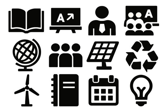 Eco Education Icons. Educational Energy Conservation silhouette icon set: open book, chalkboard, teacher icon, classroom, globe, student group, solar panel, recycling symbol, wind