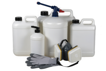 Protective gear and chemical containers for safe handling tasks. isolated on transparent background