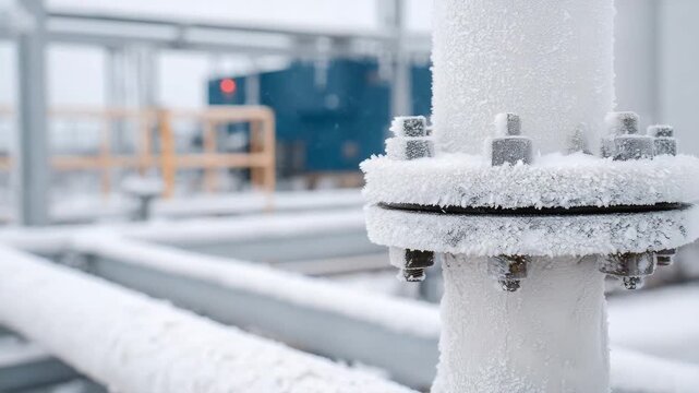 302Frost-covered gas pumping station pipes in snowy conditions, close-up on bolts and flanges with textured ice