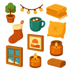 Cozy Holiday Icons. Cozy Corners modern flat icons set: small tree in pot, warm fairy lights, wool blanket, cup of cocoa, knitted stocking, framed art, soft pillow, candle jar,