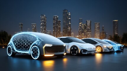 Futuristic City Skyline Features Advanced AI Holograms and Smart Cars at Night