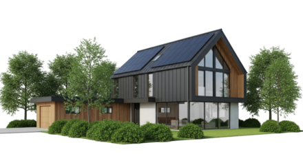 Modern home exterior with solar panels and green landscape on transparent background