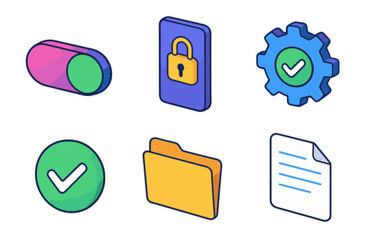 Isometric Privacy Icons. Privacy Settings modern flat icons set: toggle switch, smartphone, gear, checkmark, folder, document.