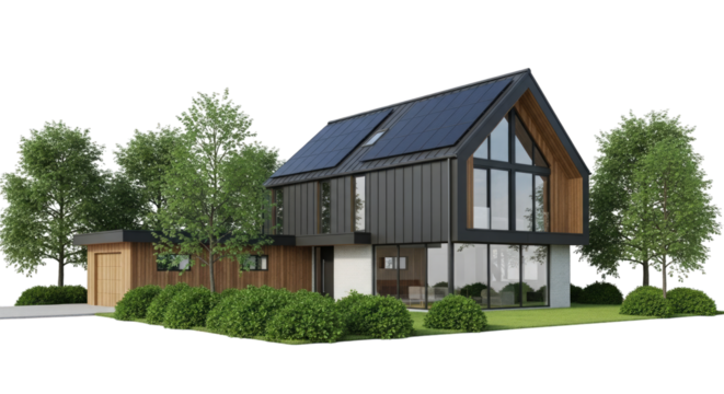 Modern home exterior with solar panels and green landscape on transparent background - Powered by Adobe