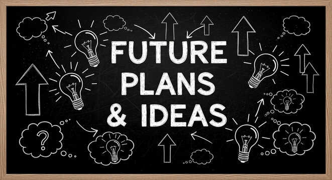 Brainstorm future plans and ideas for business growth using a chalkboard of innovation and strategic thinking