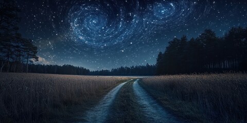 Starry Night Over a Rural Road - A Serene Landscape Under the Cosmos.
