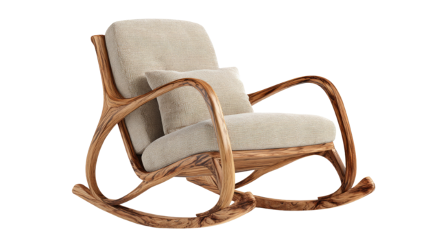 A stylish modern rocking chair features a beautiful curved wooden frame and plush beige upholstered cushions, offering comfort and elegance. background removed
